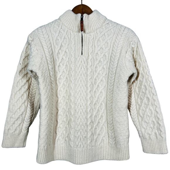 Inis Crafts Leather Tab Merino Wool Sweater Nordic Cable Knit Cream Thick Knit L - Picture 1 of 6